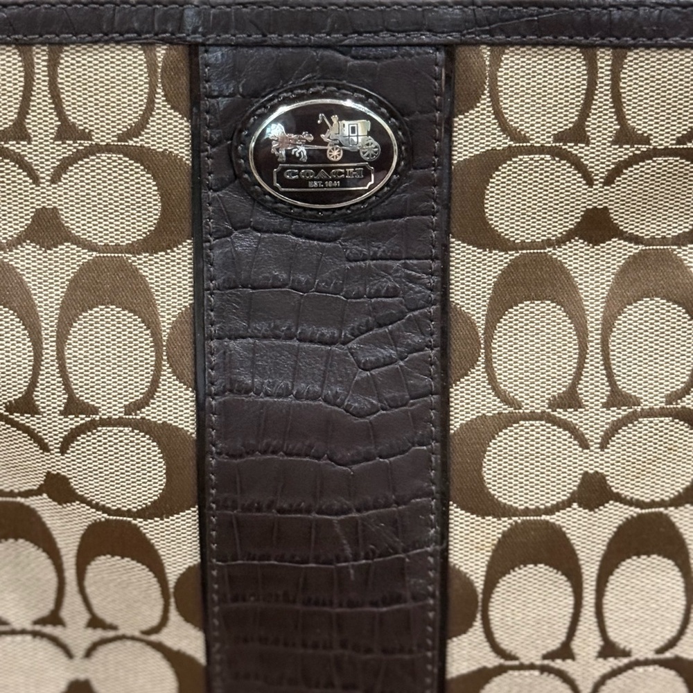 Coach Signature C Brown Tan Crossbody Bag | Leather Trim Small Purse Zip Top - Picture 2 of 12